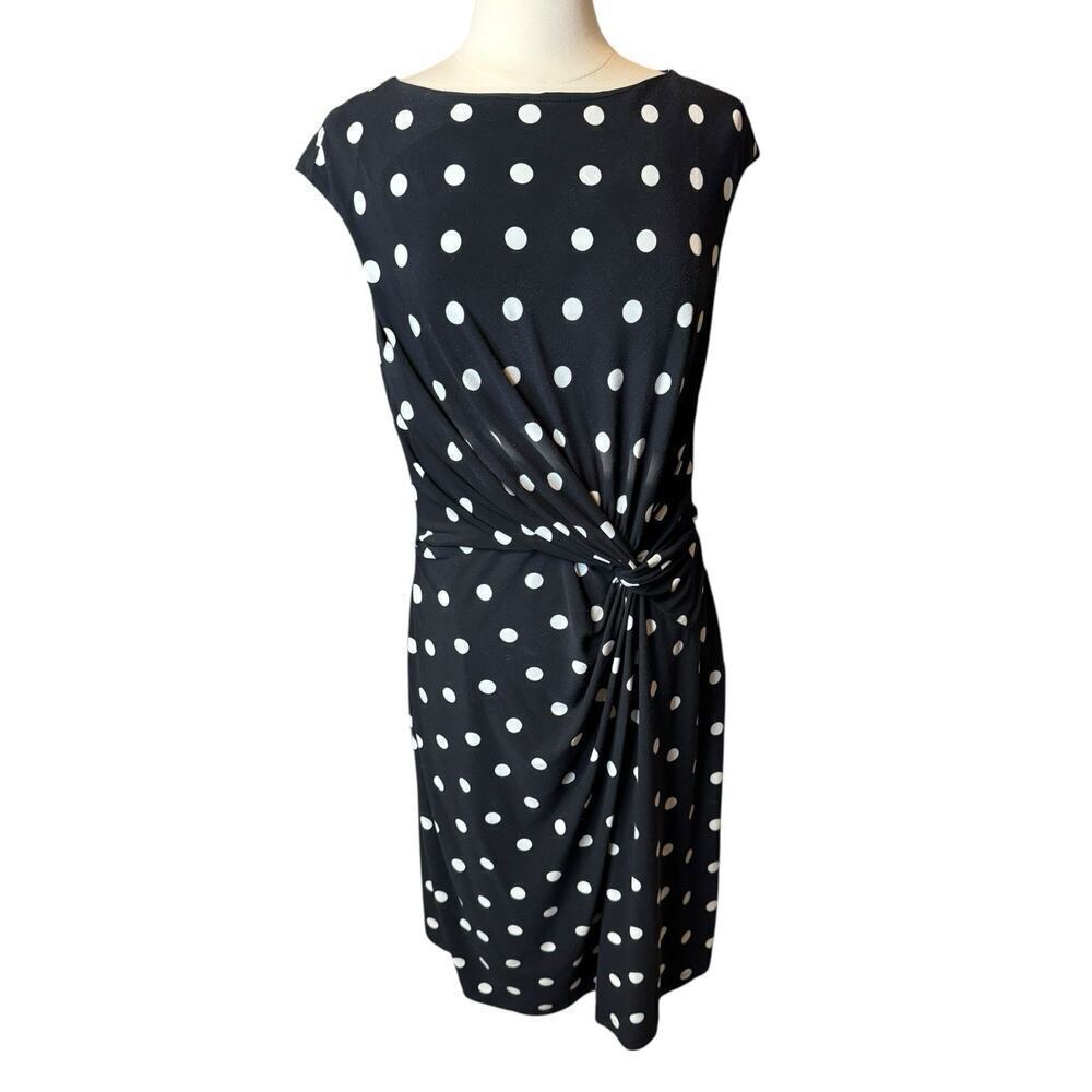 Lauren Ralph Lauren Polka Dot Dress Midi Ruched Size 16 Black White